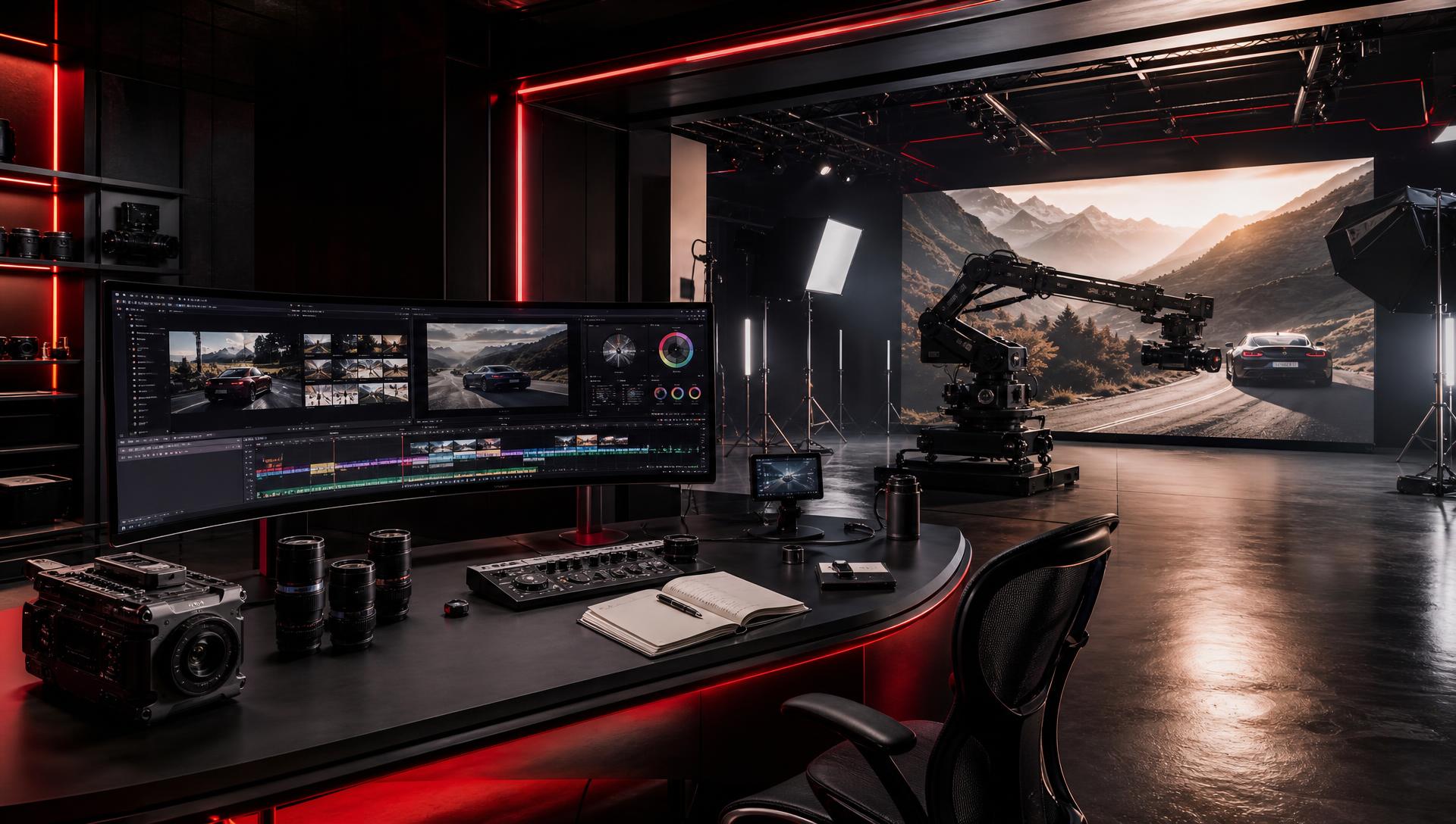 Ultra-premium cinematic film production studio with a creative director's workstation, virtual production LED wall, and robotic cinema camera